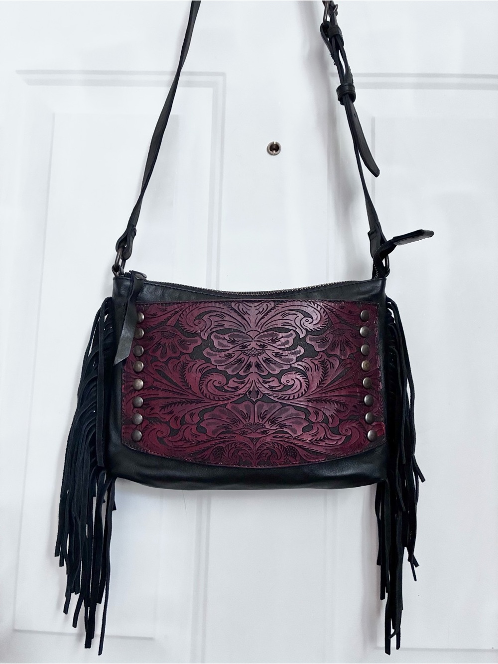 Fringed Tooled Leather Crossbody Bag - Black & Burgundy